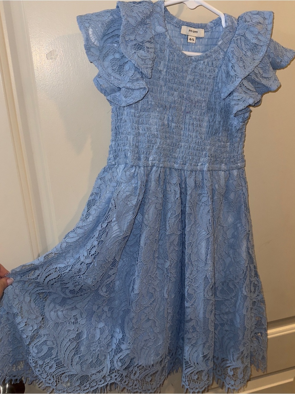 Ivy City Co Light Blue Lace Flutter-Sleeve Kids Dress -